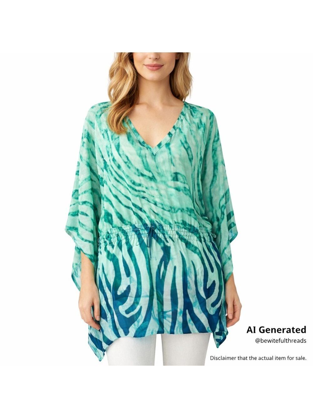 Jones NY L Green Kaftan Tunic Top Batwing Resort Cover Up